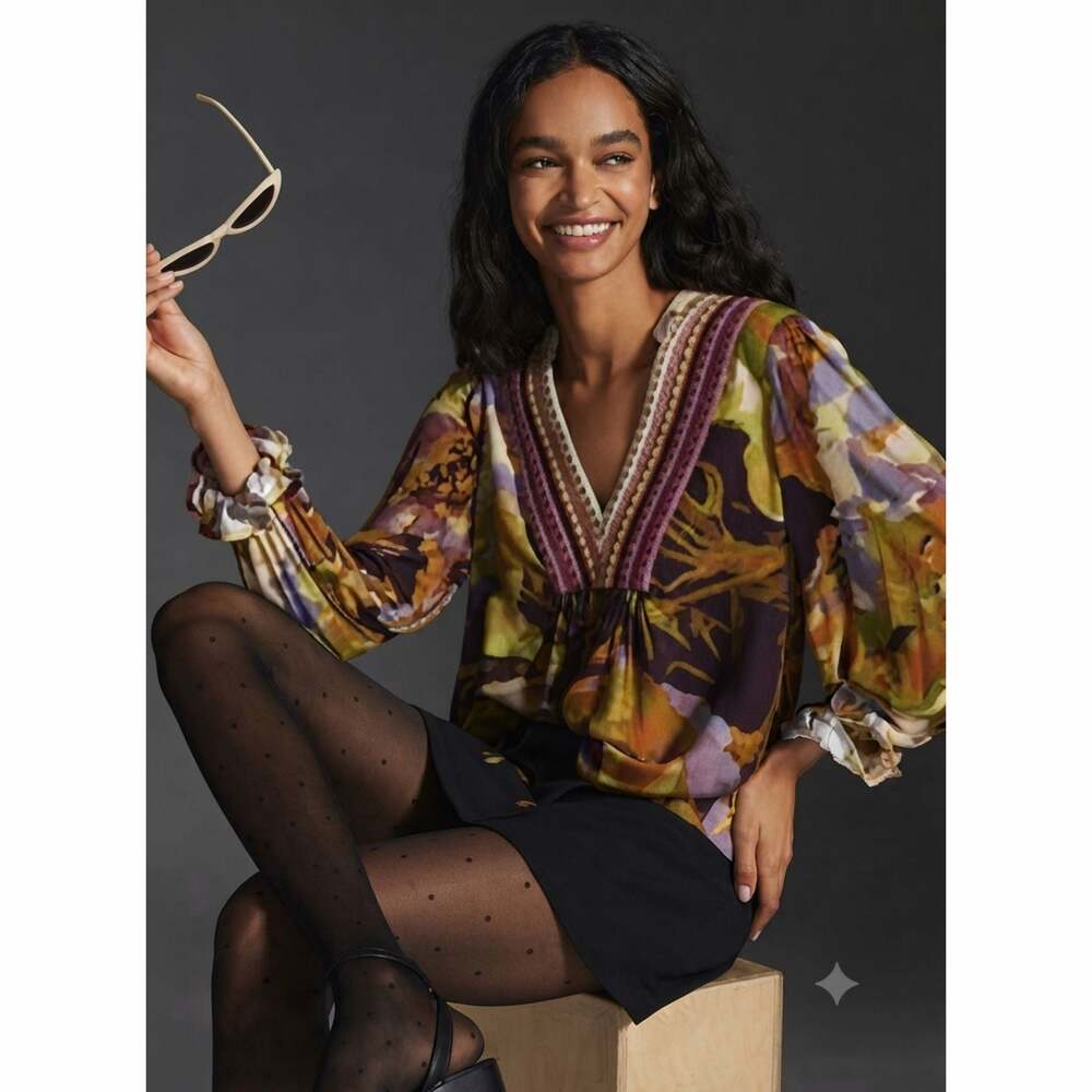 Bl-nk London Stephanie Long-Sleeve Floral Print V-Neck Blouse Embellished Trim